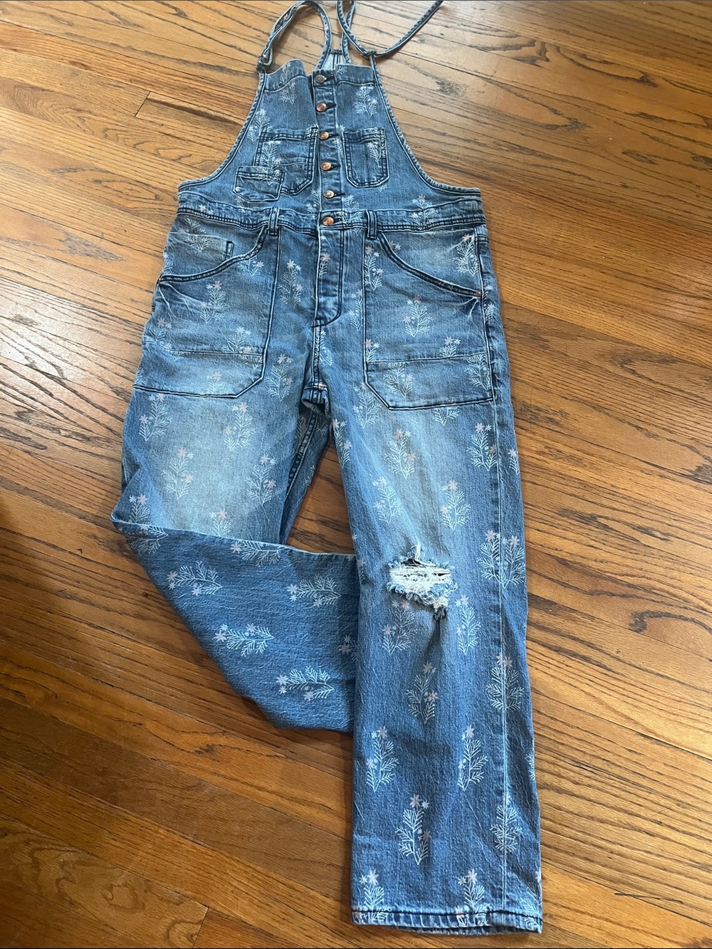 Pilcro Blue Floral-Print Denim Overalls